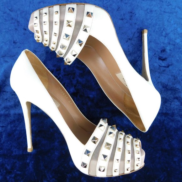 VALENTINO Rockstud Ivory Leather & Mesh Peep Toe Plat from Heel Pumps 37 - Picture 4 of 10